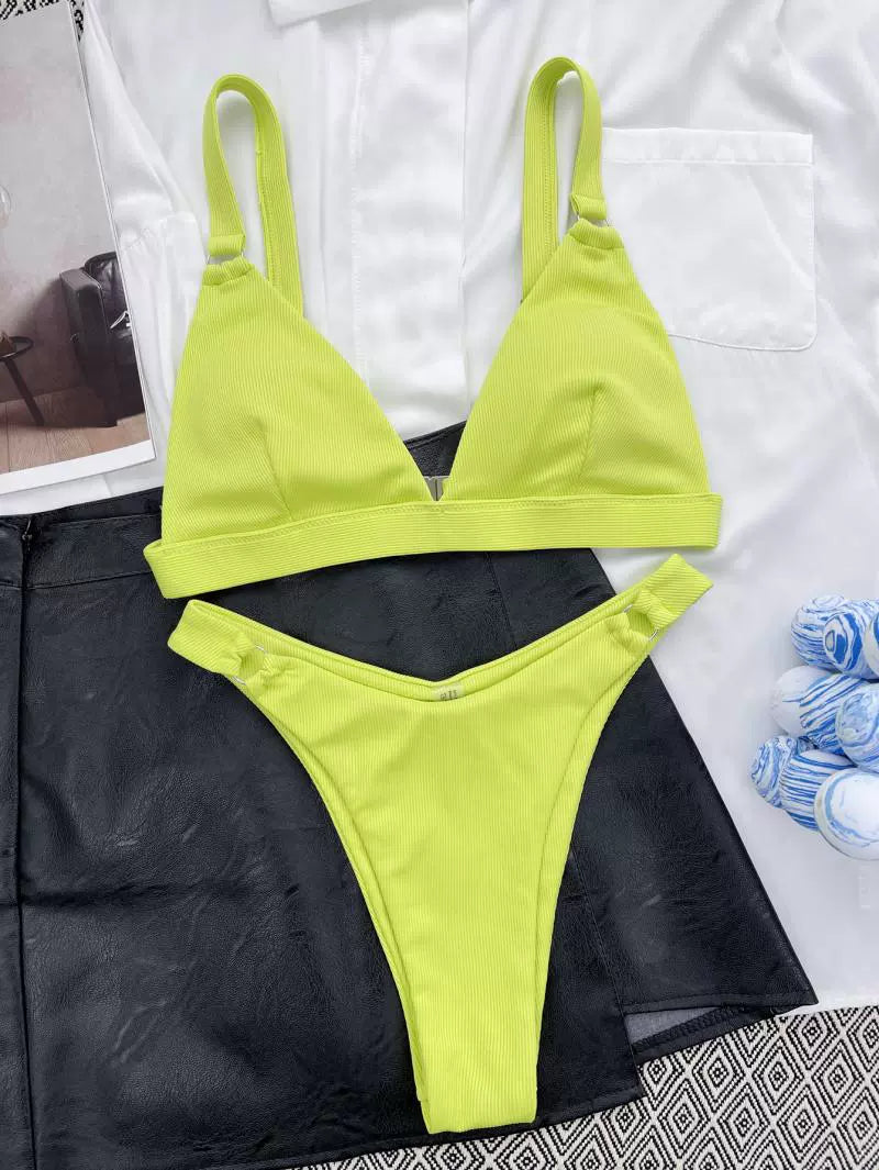 New Fashion New Arrival Small Sunken Stripe Bikini Pure Color Swimsuit Small Circle Triangle Bag Sexy Seaside Bikini