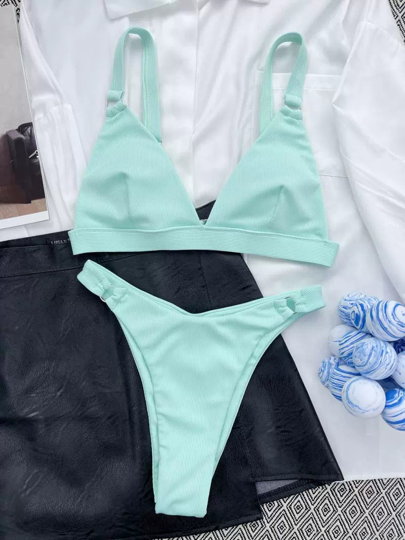 New Fashion New Arrival Small Sunken Stripe Bikini Pure Color Swimsuit Small Circle Triangle Bag Sexy Seaside Bikini