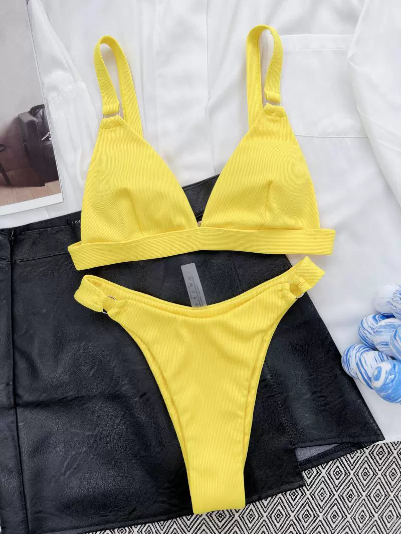 New Fashion New Arrival Small Sunken Stripe Bikini Pure Color Swimsuit Small Circle Triangle Bag Sexy Seaside Bikini