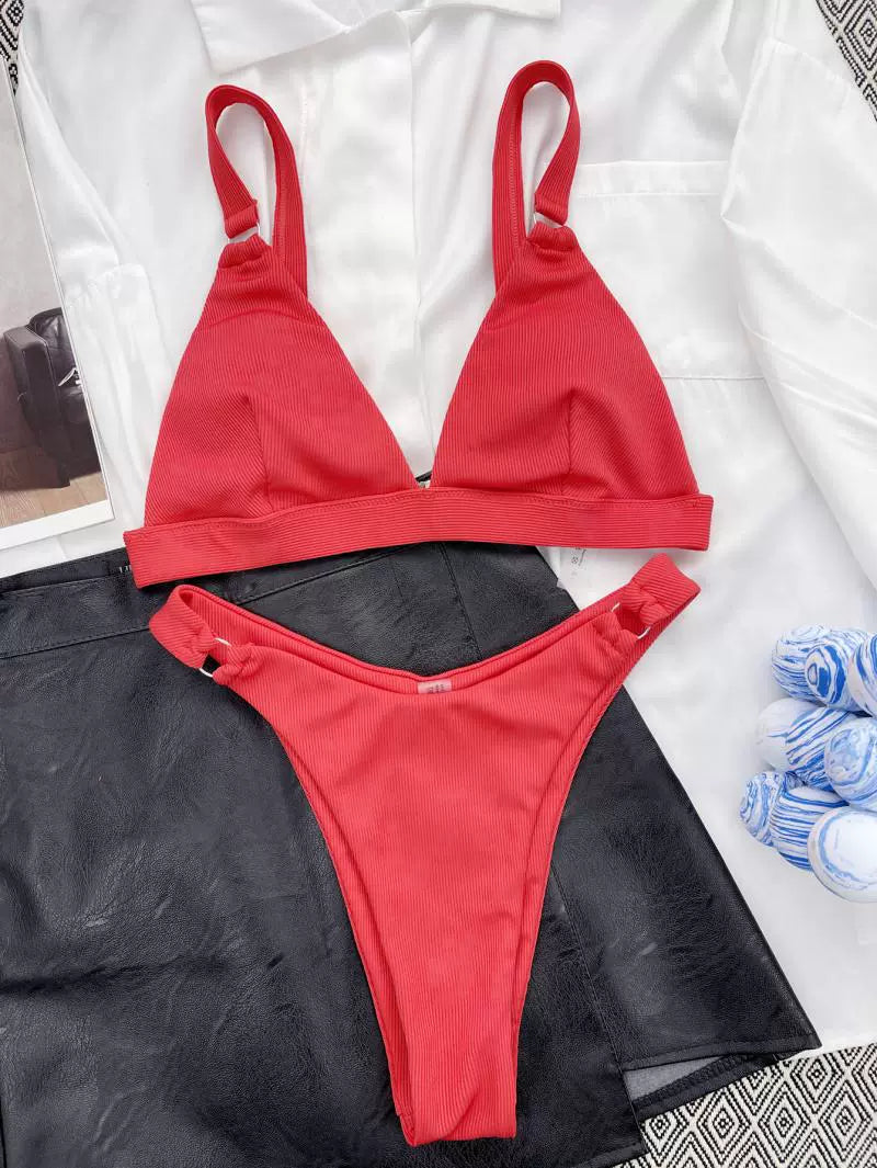 New Fashion New Arrival Small Sunken Stripe Bikini Pure Color Swimsuit Small Circle Triangle Bag Sexy Seaside Bikini